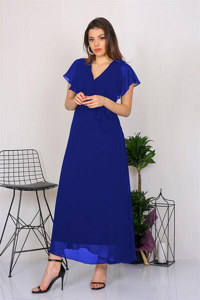 Dipmoda فستان نسائي طويل من الشيفون بتفاصيل ربط على الرقبة بأزرار على الجهتين...