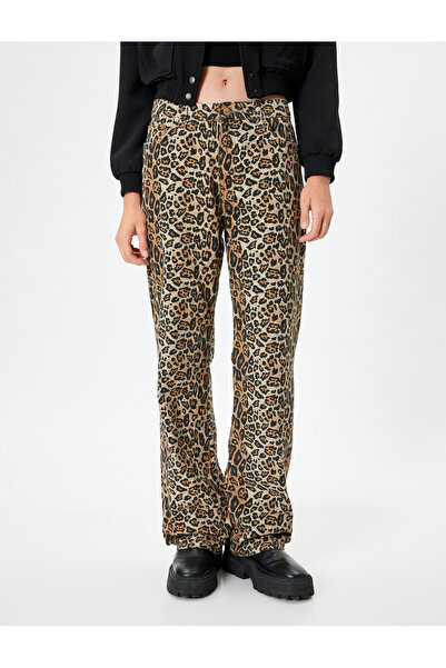 Koton Leopar Pantolon Normal Bel Straight Fit Cepli Düğmeli