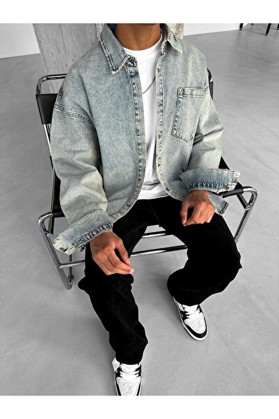 ablukaonline Ανδρικό τζιν πουκάμισο Ice Blue Oversize - με τσέπες