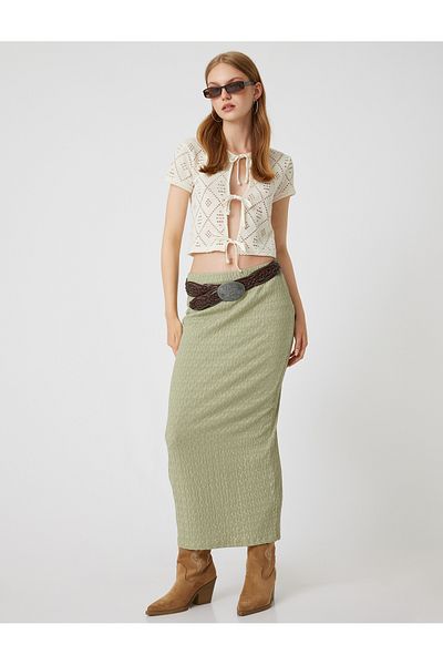 Koton High WaistMidiPencil Skirt - Slit Detail and Textured