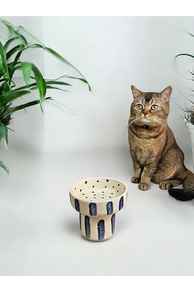 Soli Seramik High Ceramic Handmade Food and Water Bowl for Cats and Dogs (Dark White)