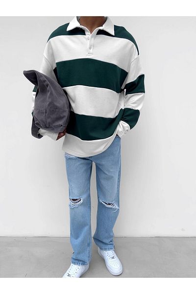ablukaonline Πράσινο ανδρικό φούτερ Oversize ριγέ