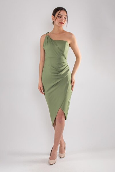 DORİDORCA 5011 Tek Omuz Tokalı Midiboy Saten Elbise