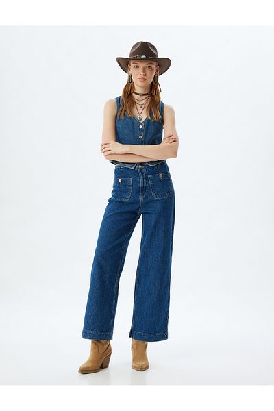 Koton High Waisted Jeans Wide Leg Pocket - Culotte Jeans