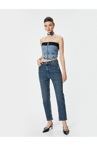 Koton Mom-Jeans mit hoher Taille, dehnbare Taschen, eng anliegende Baumwolle – Slim Mom-Jeans