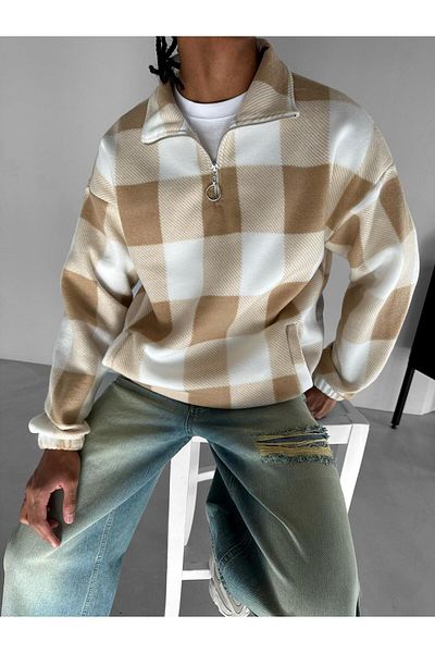 ablukaonline Μπεζ ανδρικό φούτερ Fleece - Μισό φερμουάρ, καρό σχέδιο, υπερμεγέθη κοπή