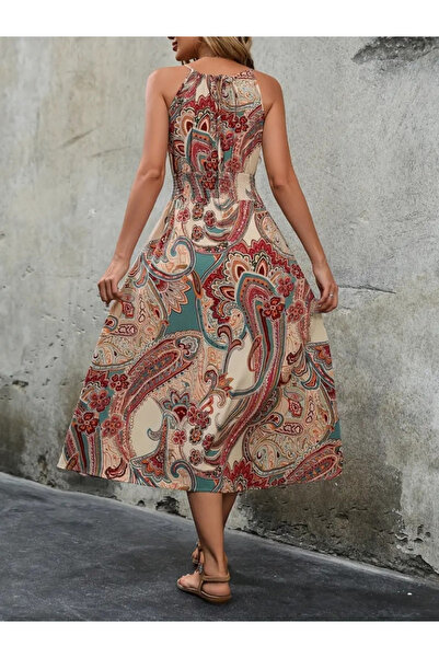 JANES Ethnic Patterned - Women's Single Jersey Long Dress with Halter Neck and Elastic Waist