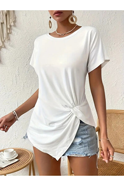 JANES Γυναικεία μπλούζα βισκόζης ασύμμετρης εφαρμογής - κοντό μανίκι, πλισέ μέσης και λεπτομέρεια με κόμπους