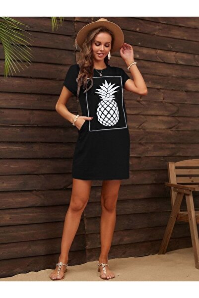 JANES Γυναικείο κοντομάνικο φόρεμα βισκόζης με στάμπα ανανά