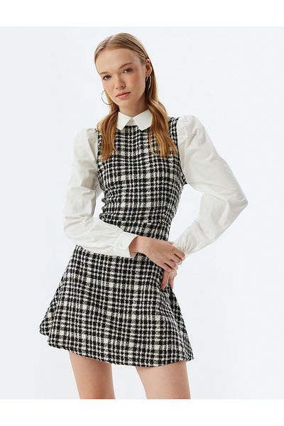 Koton ShirT CollAr Mini Tweed Φόρεμα - Μακρυμάνικο, σε γραμμή Α