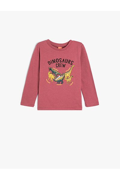 Koton Dinosaur Printed Cotton Long Sleeve T-Shirt - Crew Neck