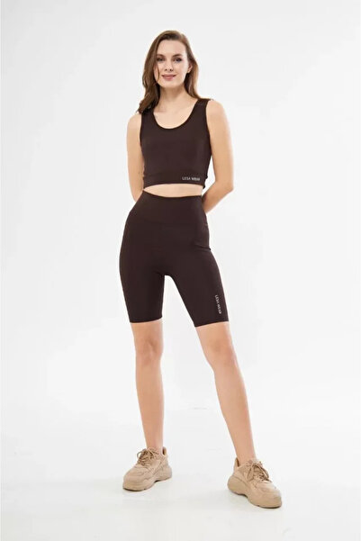 soonaksesuar High Waist Diver Cropped Biker Shorts Suit - Brown