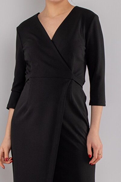 AYHAN 61988 Kruvaze Yaka Kuşaklı Kısa Krep Elbise