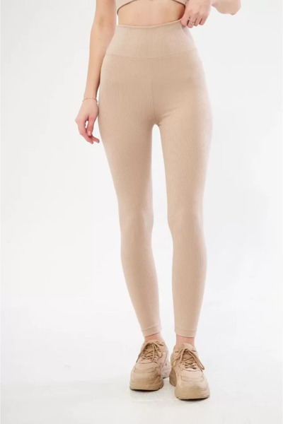 MODA55 High waist ribbed leggings - beige