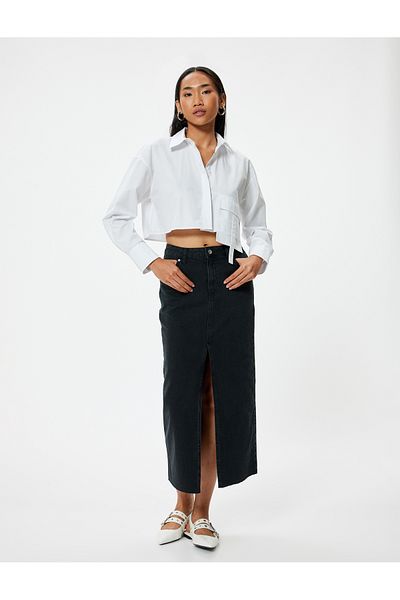 Koton High Waist Buttoned Slit Detail Midi Denim Skirt