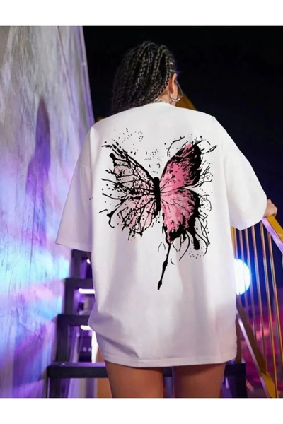 Genel Markalar Gökyüzü Moda Unisex Baskılı Oversize T-Shirt - Beyaz