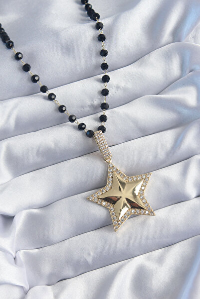 Nehir Gold Color Black Beads Zircon Stone Star Model Vip Series Women's Neckl...