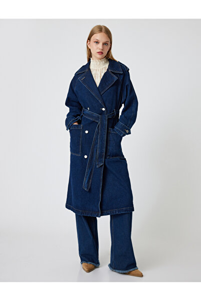 Koton Denim Trençkot Uzun Kruvaze Yaka Apoletli Kemer Detaylı Cepli