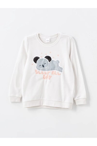 LC Waikiki Lcw Kids Ecru Crew Neck Embroidered Fleece Girl's Pajama Set