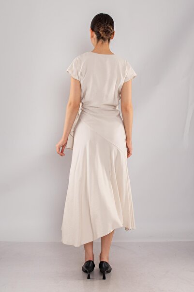 AYHAN 61878 Kruvaze Yaka Yandan Beli Bağlamalı Astarlı Midiboy Elbise