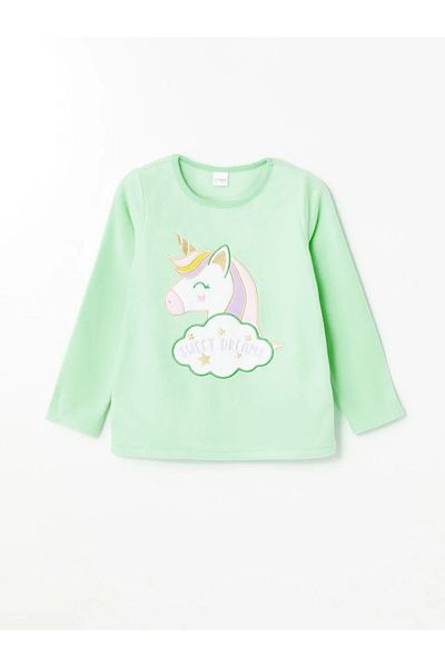 LC Waikiki Lcw Kids Light Water Green Crew Neck Printed Long Sleeve Girl's Pajamas Set