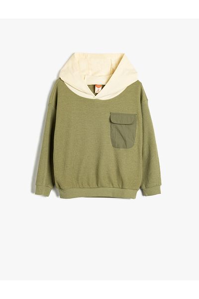 Koton Cotton Hooded Collar - Color Block Single Pocket Sweatshirt