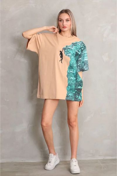 Kokosh moda Μπεζ Unisex Oversize T-Shirt - Crew Neck, Printed