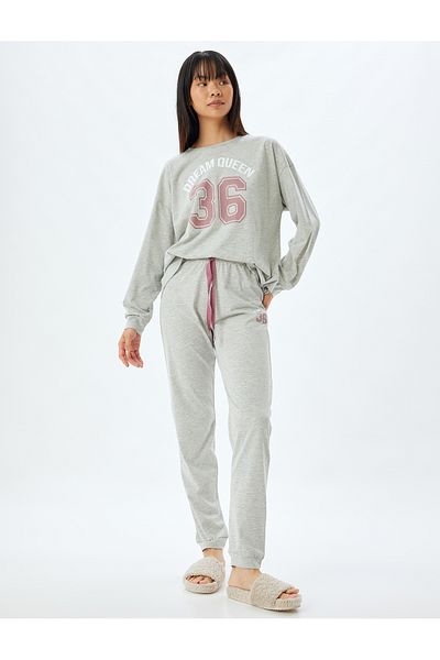Koton Langarm-Strickpyjama-Set – T-Shirt und bedruckte Unterseite