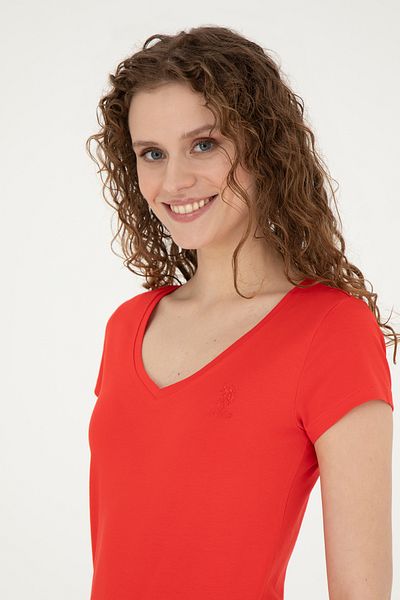 U.S. Polo Assn. Tricou roșu de bază cu decolteu în V pentru femei 50280068 -VR030