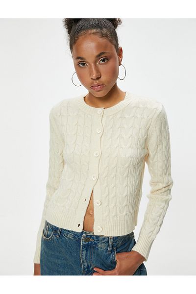 Koton Hair Knitted Textured Buttoned Crew Neck Knitwear Cardigan