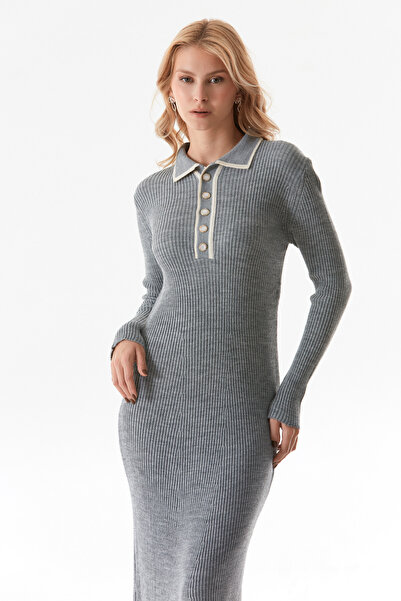 Fulla Moda Βασικό Πλεκτό Φόρεμα με γιακά πουκάμισο με μισό κουμπί