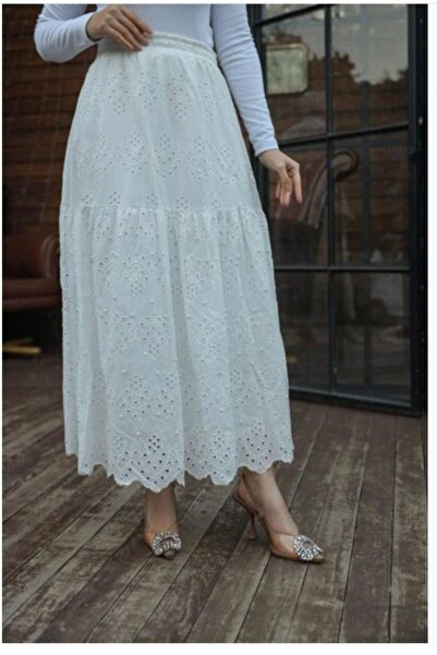 SHİROSA Skirt Lace Scallop Fabric Pearl Skirt Long Skirt with Pearl Detail