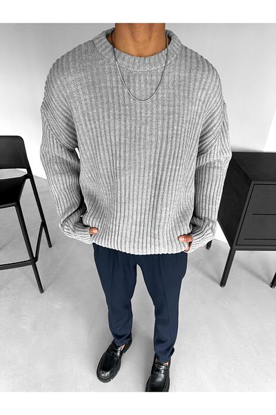 ablukaonline Gray Men's Knitted Extra Oversize Ribbed Sweater