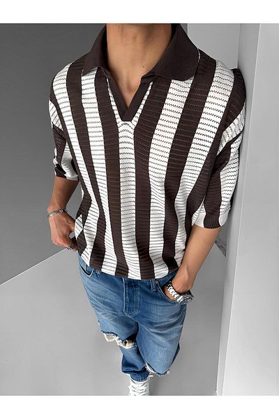 ablukaonline Ανδρικό πλεκτό μπλουζάκι Oversize καφέ - Μισόπατι γιακά και διχτυωτή λεπτομέρεια