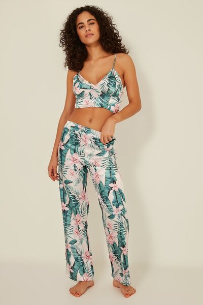 C&City 045 Kadın Desenli 3 Lü Saten Pijama Takım Ekru/yeşil