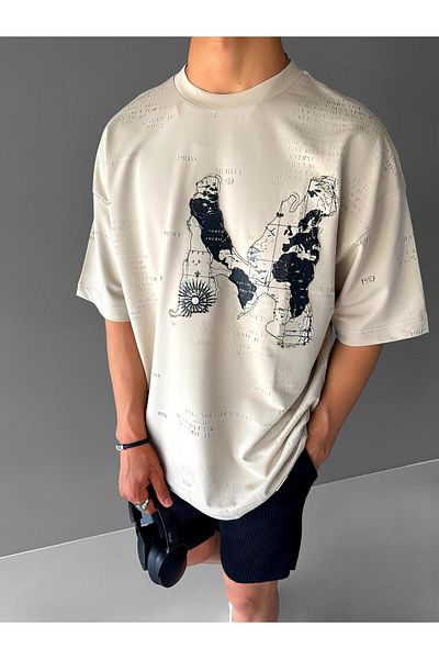 ablukaonline Μπεζ ανδρικό μπλουζάκι Oversize Premium - Ανάγλυφο εμπριμέ