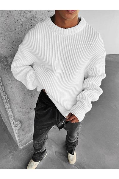 ablukaonline White Men's Extra Oversize Ribbed Sweater