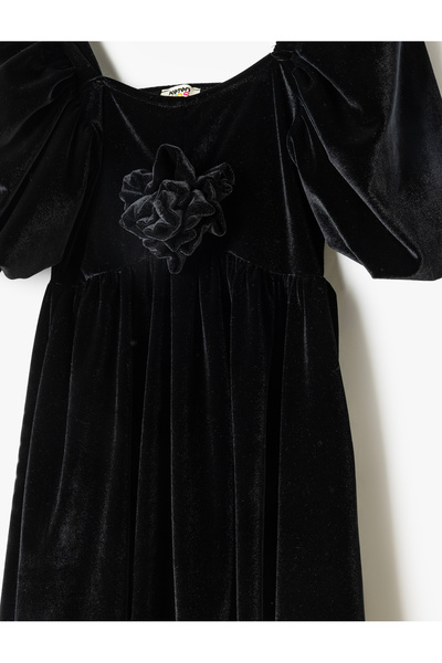 Koton Кадифена рокля с квадратно деколте и флорални апликации с балонен ръкав