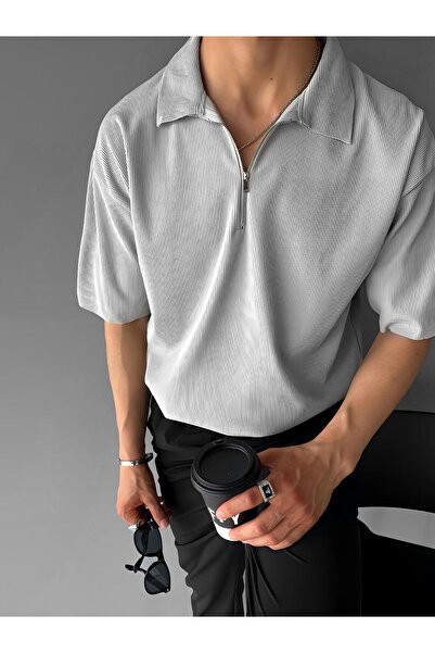 ablukaonline Light Gray Men's Polo Collar Zippered T-Shirt