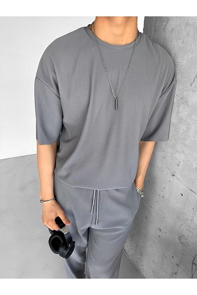 ablukaonline Ανδρικό μπλουζάκι Oversize Flowy Summer Rib Crew Neck σε γκρι χρώμα