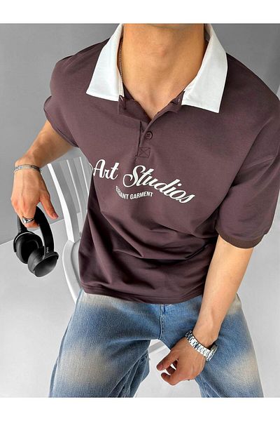 ablukaonline Ανδρικό μπλουζάκι Polo Neck Oversize Βαμβακερό - 3 Κουμπιά, Καφέ