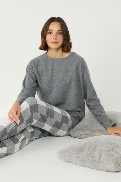 C&City Jacquard Crew Neck Off Shoulder Long Sleeve Pocket Pajama Set 402026   Gray