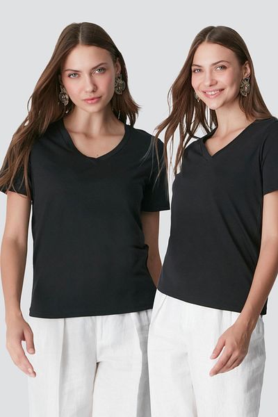 C&City Μαύρο T-Shirt με λαιμόκοψη 2 τεμαχίων - κοντό μανίκι 962