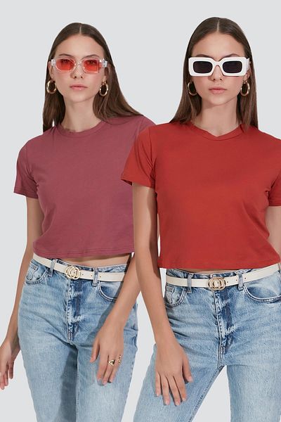 C&City T-Shirt Crew Neck Crop 956 - Brick/Dried Rose, Πακέτο 2