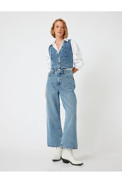 Koton Slim Fit Crop Jeans mit normaler Taille – Weites Bein, Geknöpft, Weites Bein