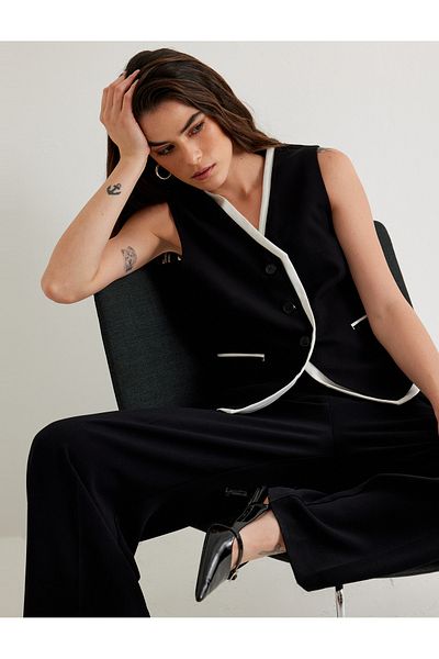Koton V-Neck Buttoned Color Contrast Vest with Pockets