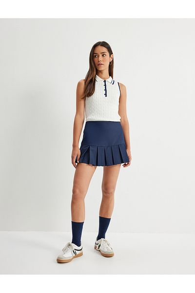 Koton Ärmelloses Strickoberteil mit Polokragen und Knopfleiste und Farbkontraststreifen