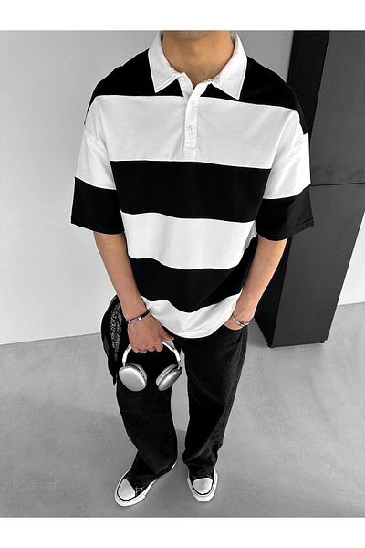 ablukaonline Μαύρο ανδρικό μπλουζάκι Polo Neck Oversize