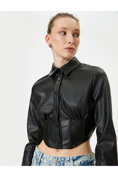 Koton Cămașă crop cu mânecă lungă cu aspect de piele - Detaliat corset, crop subțire cu nasturi