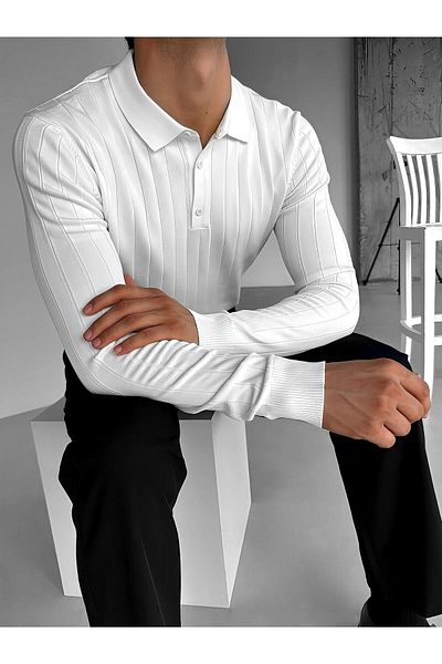 ablukaonline Men's Polo Collar Buttoned Ribbed Knitwear Sweater White